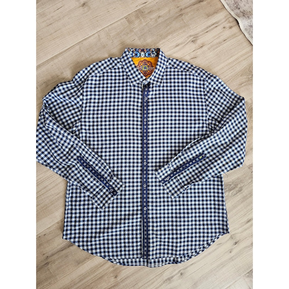 Robert Graham Mens 2XL Blue Gingham Check Long Sleeve Button Down Shirt Cotton